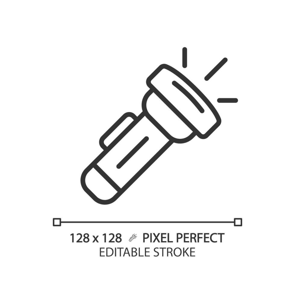 2D pixel perfect black flashlight icon, isolated vector, editable hiking gear thin line illustration. vector