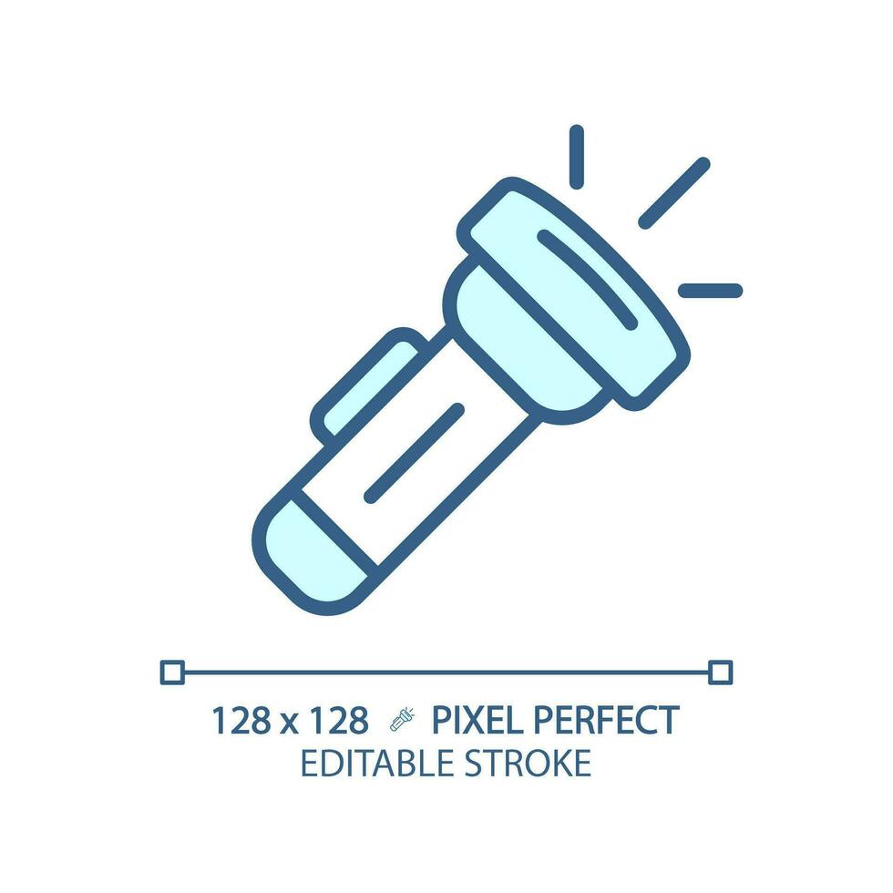 2D pixel perfect blue flashlight icon, isolated vector, editable hiking gear thin line illustration. vector