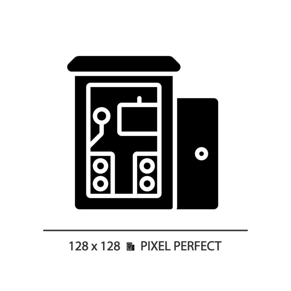 2D pixel perfect soundproof music studio glyph style icon, isolated vector, soundproofing solid illustration. vector