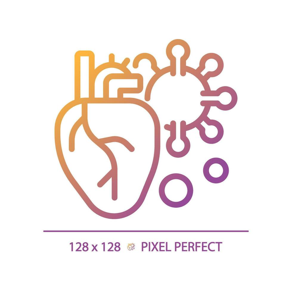 2D pixel perfect gradient heart with virus icon, isolated vector, thin line illustration representing bacteria. vector
