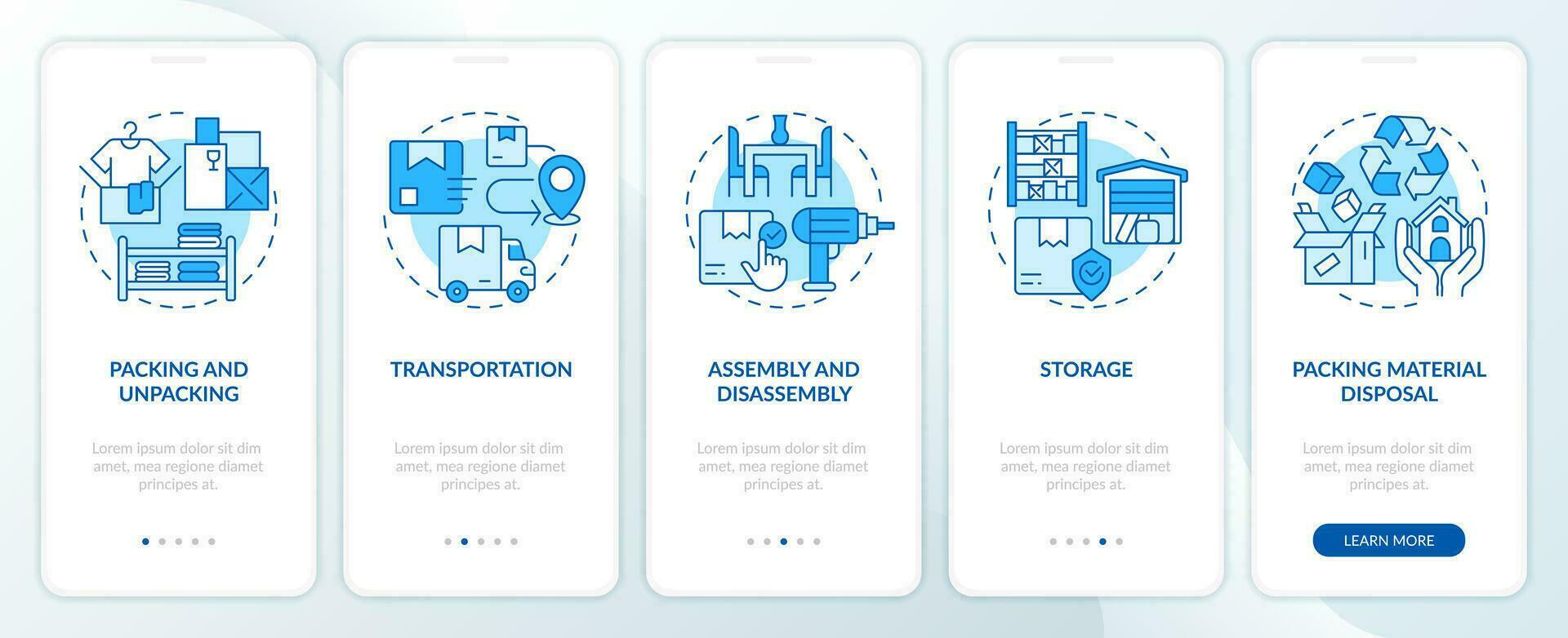 2d íconos representando Moviente Servicio móvil aplicación pantalla colocar. recorrido 5 5 pasos azul gráfico instrucciones con lineal íconos concepto, ui, ux, gui modelo. vector