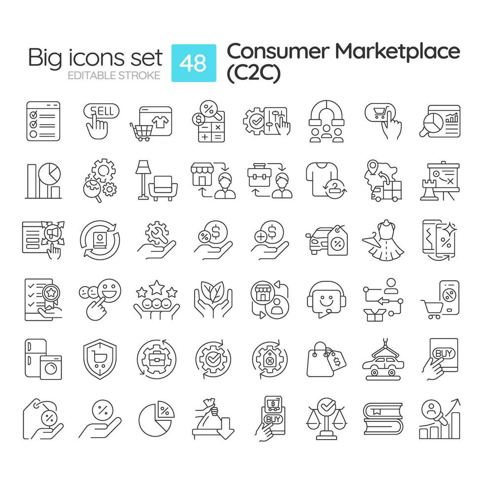 2D editable black big thin line icons set representing C2C, isolated ...