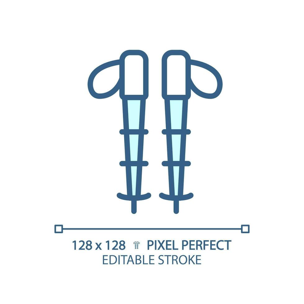2D pixel perfect blue hiking poles icon, isolated vector, editable hiking gear thin line illustration. vector