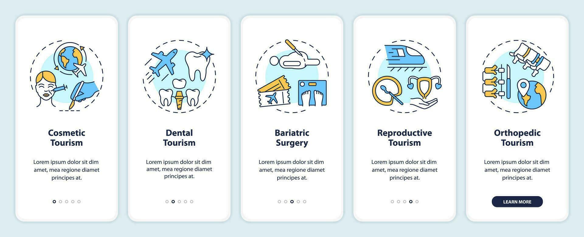2d íconos representando médico turismo móvil aplicación pantalla colocar. recorrido 5 5 pasos multicolor gráfico instrucciones con Delgado línea íconos concepto, ui, ux, gui modelo. vector