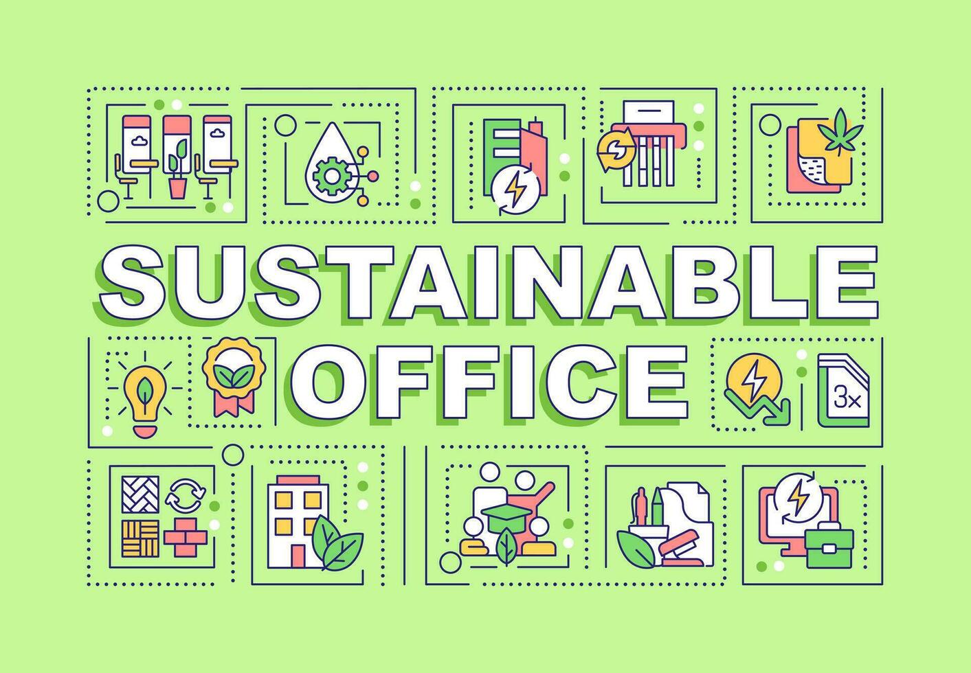 Sustainable office text concept with various icons on green monochromatic background, 2D vector illustration.