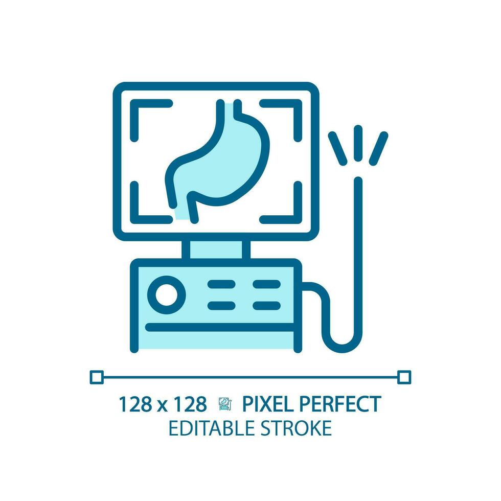 Endoscope pixel perfect light blue icon. Medical tool. Flexible tube. Gastrointestinal system. RGB color sign. Simple design. Web symbol. Contour line. Flat illustration. Isolated object vector