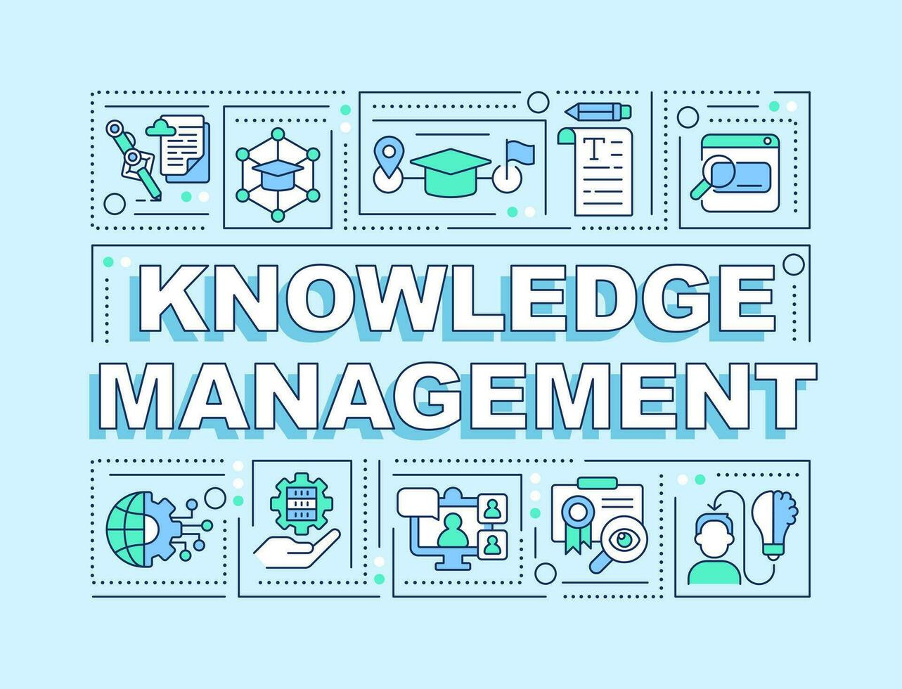 Knowledge management text with various line icons on blue monochromatic background, 2D vector illustration.