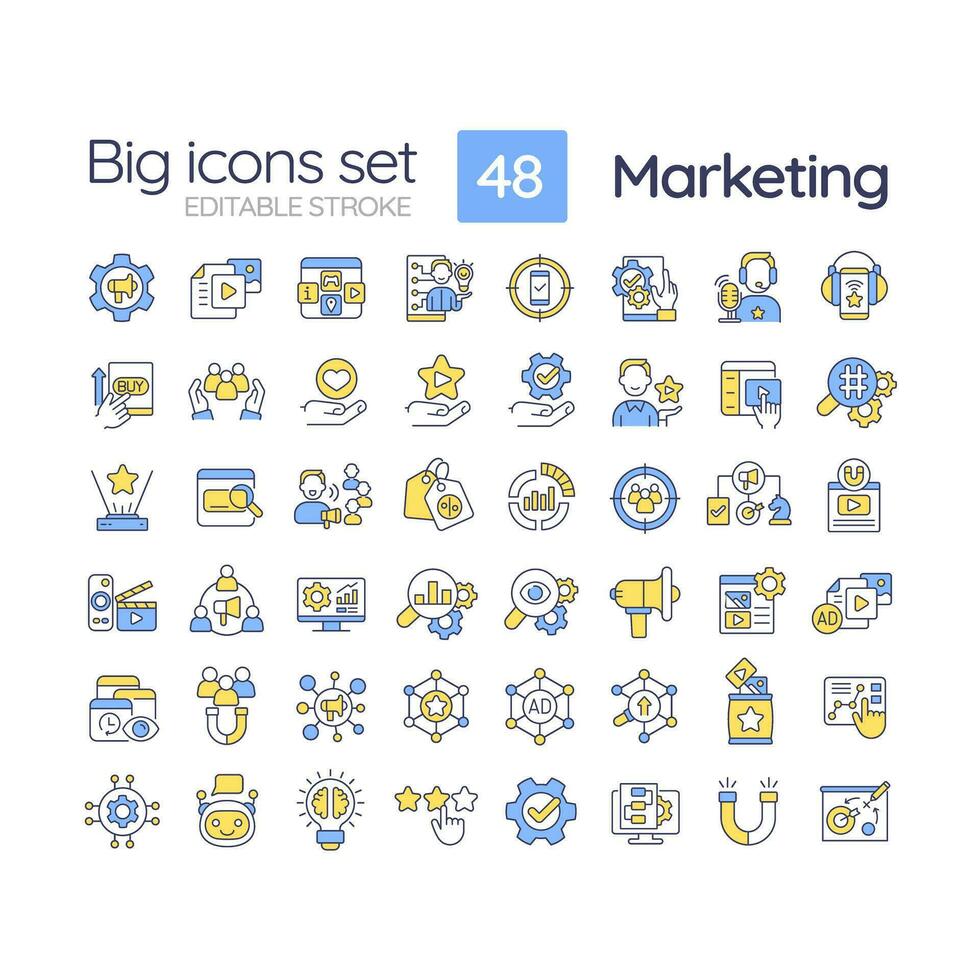 Marketing RGB color icons set. Business strategy. Brand development. Advertising campaign. Profit growth. Isolated vector illustrations. Simple filled line drawings collection. Editable stroke