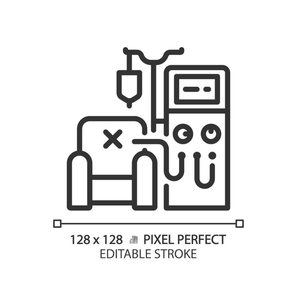 Dialysis machine pixel perfect linear icon. Kidney disease. Renal system. Medical procedure. Healthcare service. Thin line illustration. Contour symbol. Vector outline drawing. Editable stroke