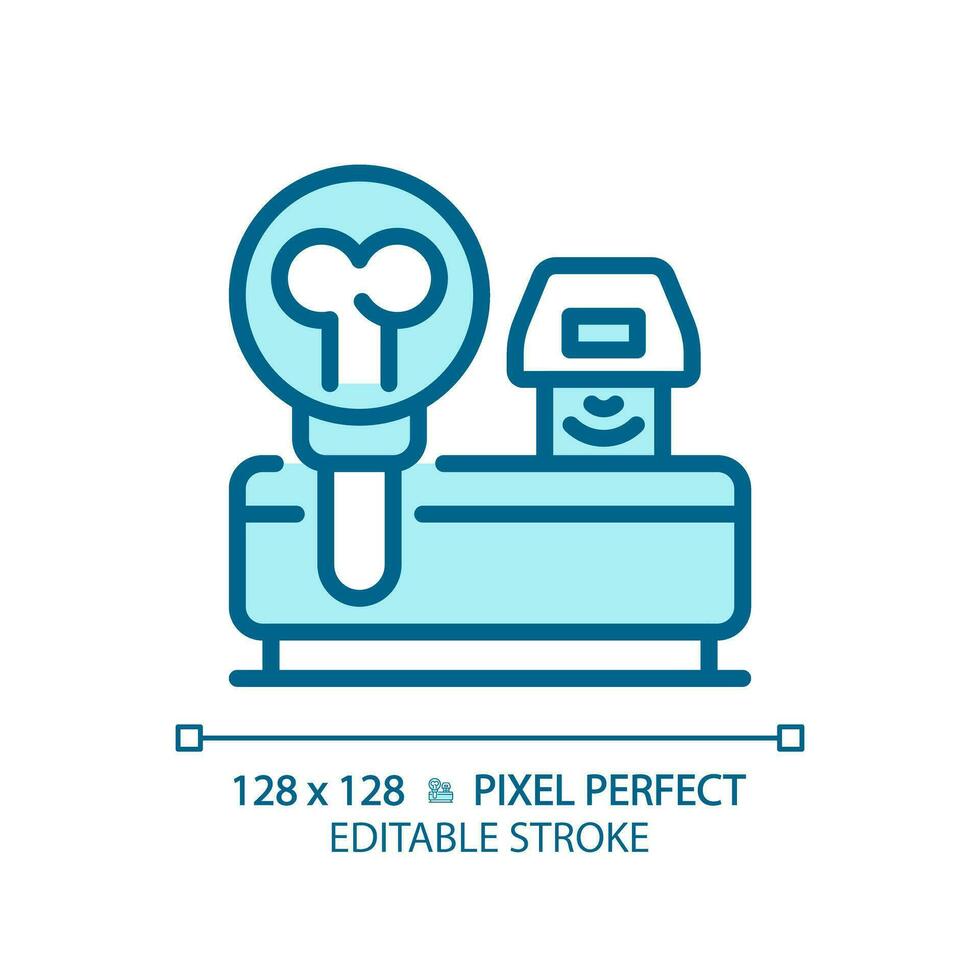 Bone densitometer pixel perfect light blue icon. Medical scan. X ray technology. Health assessment. RGB color sign. Simple design. Web symbol. Contour line. Flat illustration. Isolated object vector