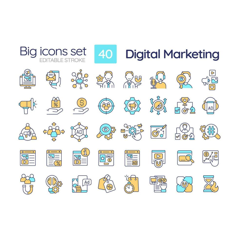 Digital marketing RGB color icons set. Social media. Online advertising. Brand strategy. Lead generation. Isolated vector illustrations. Simple filled line drawings collection. Editable stroke