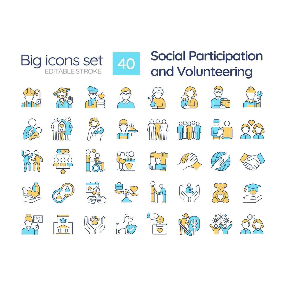 Social participation and volunteering RGB color icons set. Community involvement. Civic engagement. Non profit. Isolated vector illustrations. Simple filled line drawings collection. Editable stroke