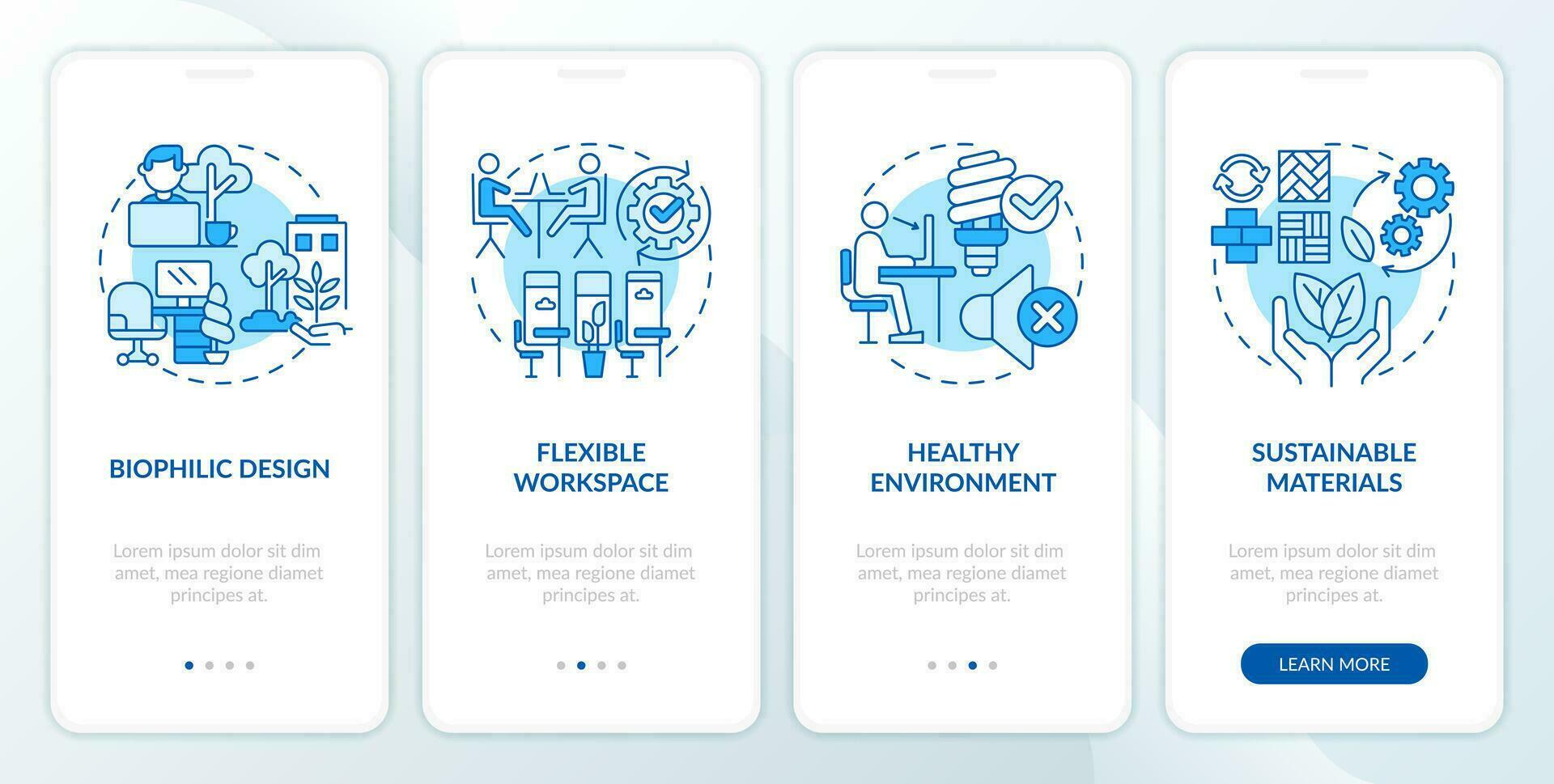 2D blue thin line icons representing sustainable office mobile app screen set. 4 steps graphic instructions, UI, UX, GUI template. vector