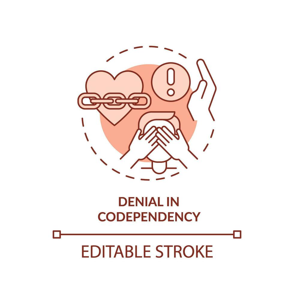 2D editable thin line icon denial in codependency concept, monochromatic isolated vector, red illustration representing codependent relationship. vector