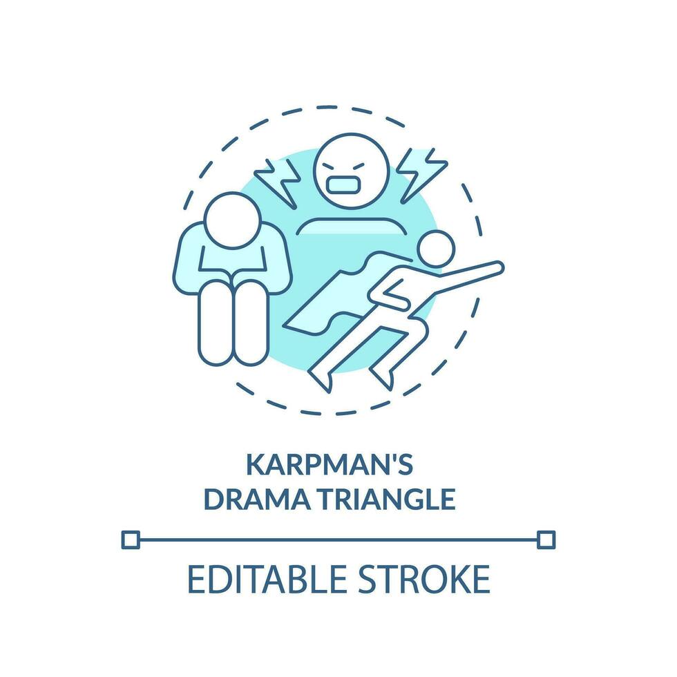 2D editable thin line icon karpman drama triangle concept, monochromatic isolated vector, blue illustration representing codependent relationship. vector