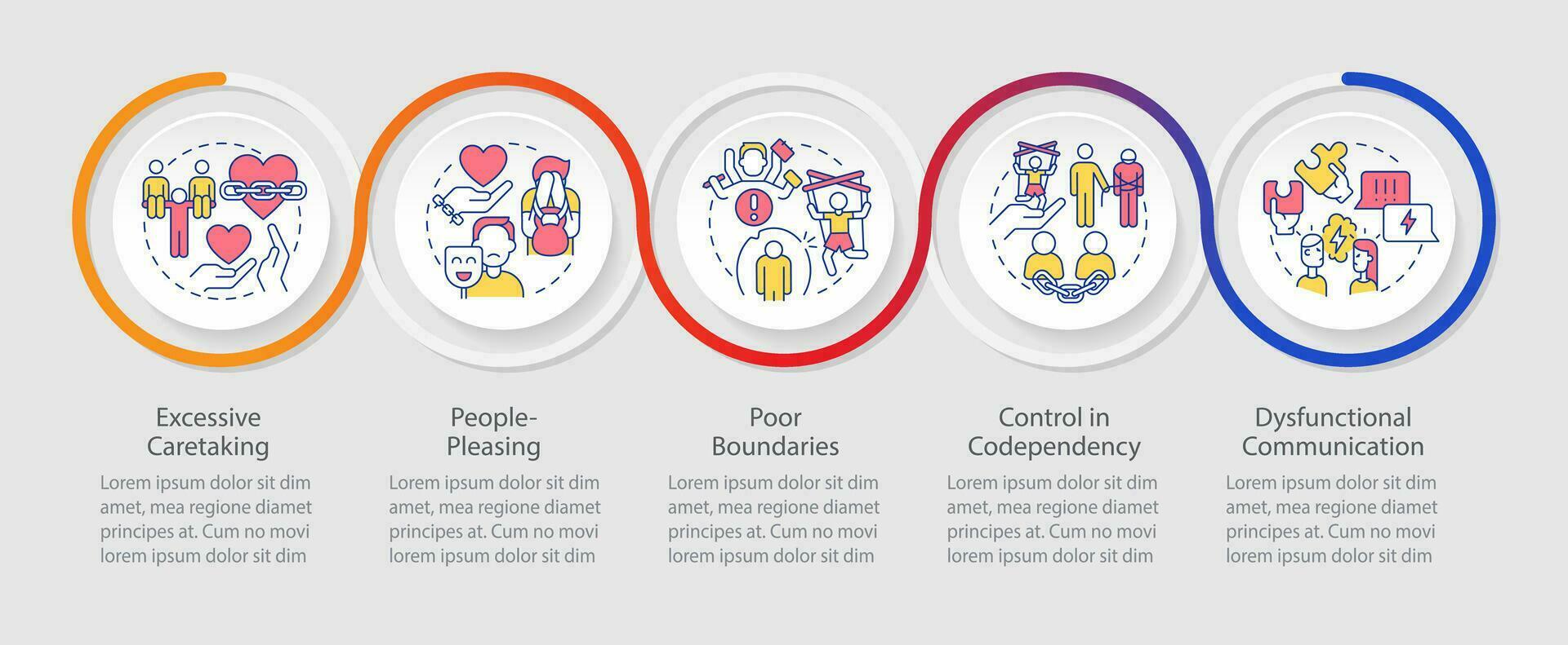 2D codependent relationship vector infographics template with thin line icons, data visualization with 5 steps, colorful process timeline chart.