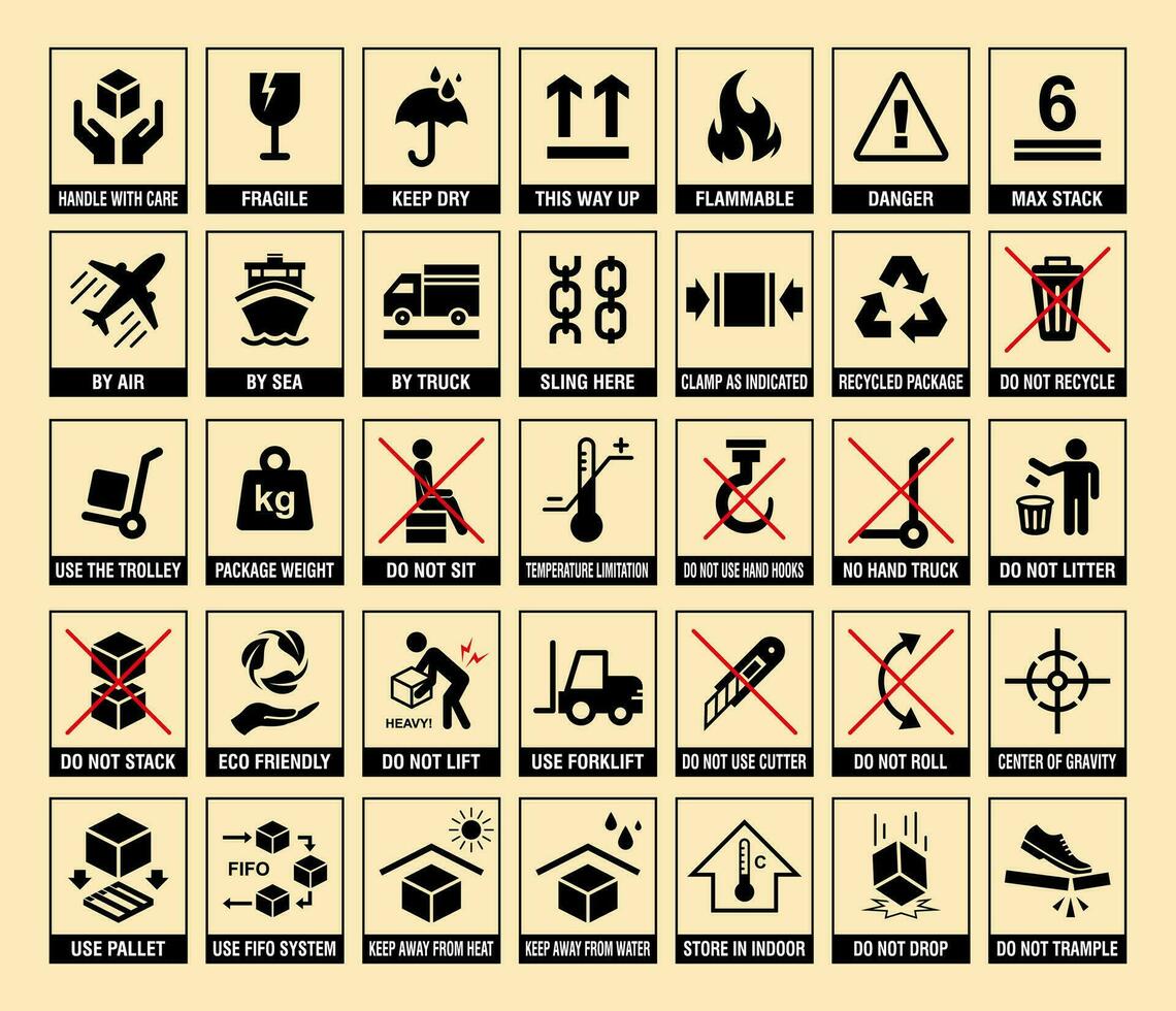 set of packaging symbols, cargo icons vector