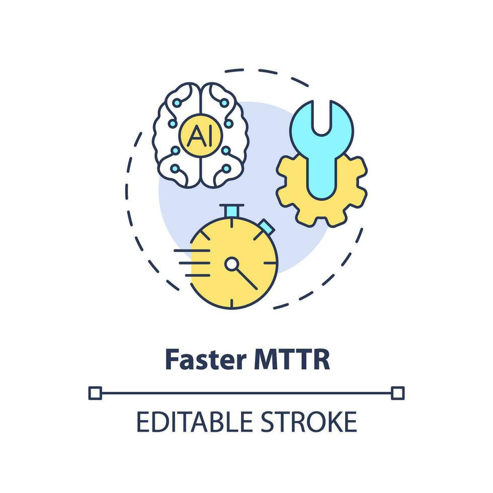 2D editable faster MTTR icon representing AI ops, isolated vector, multicolor thin line illustration. vector