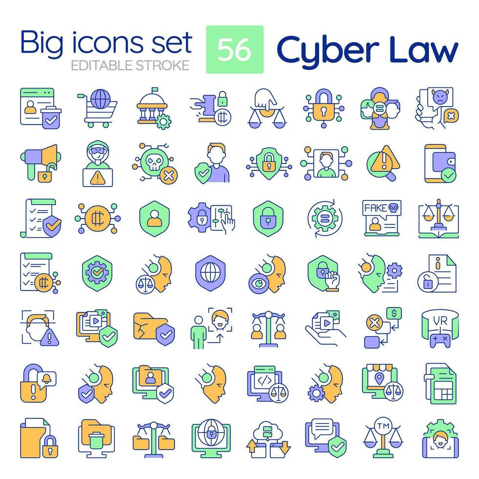 Editable multicolor big line icons set representing cyber law, isolated vector, linear illustration. vector