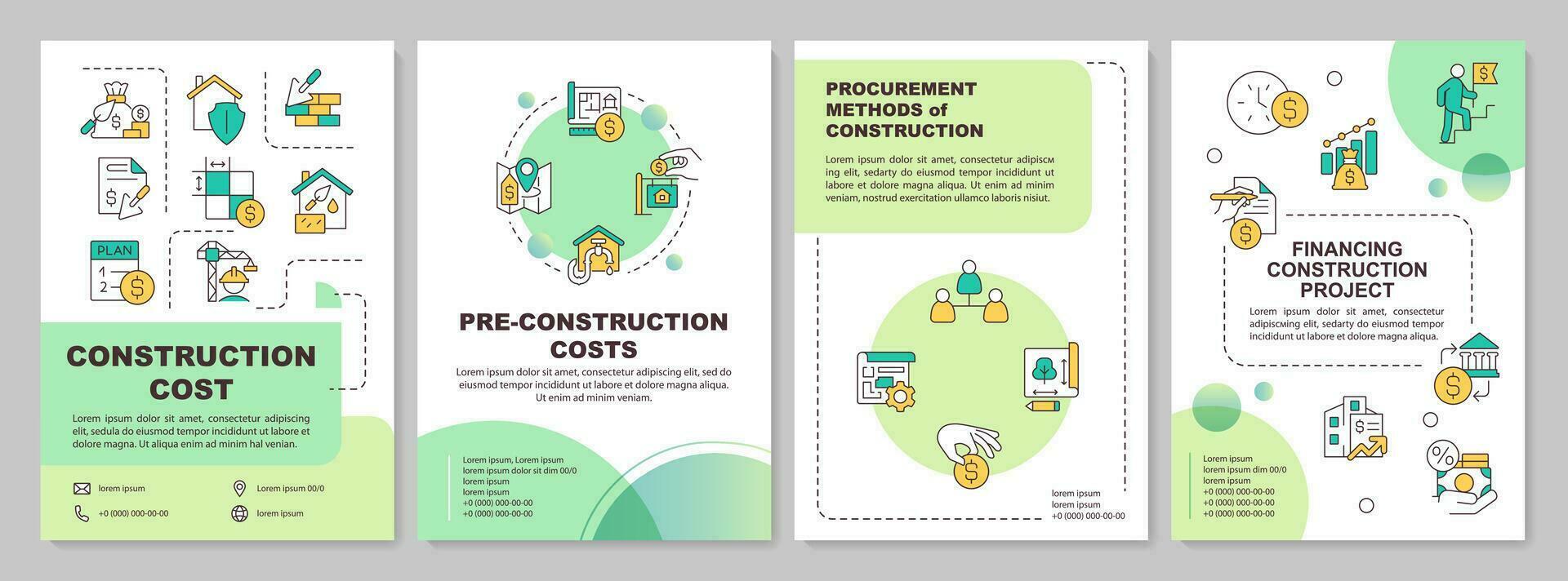 2d construcción costo verde degradado folleto plantilla, folleto diseño con sencillo Delgado lineal iconos, 4 4 vector diseños