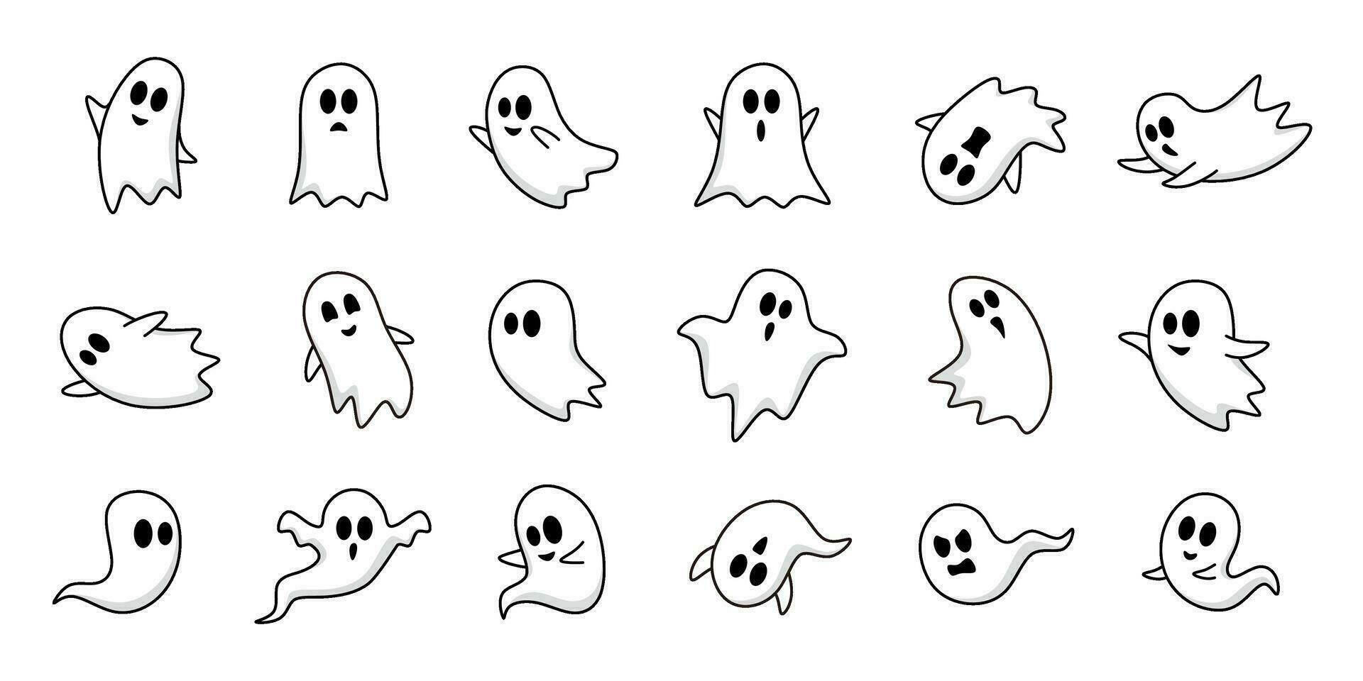 set of cute ghost characters with outlined style vector