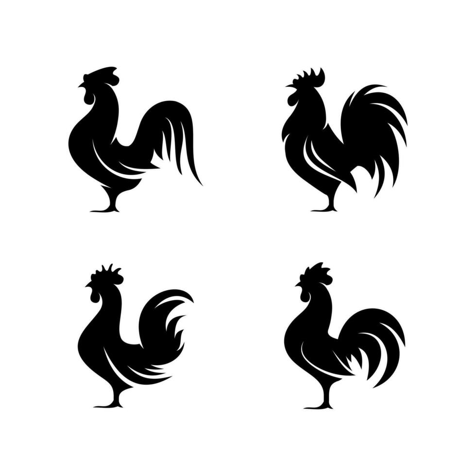 set of rooster icon silhouette illustration vector, flat rooster symbol collection vector