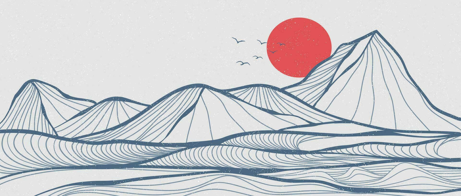 montaña línea Arte paisaje ilustración. creativo minimalista moderno línea Arte modelo. resumen contemporáneo estético antecedentes paisajes con montaña, colina y Oceano ola vector