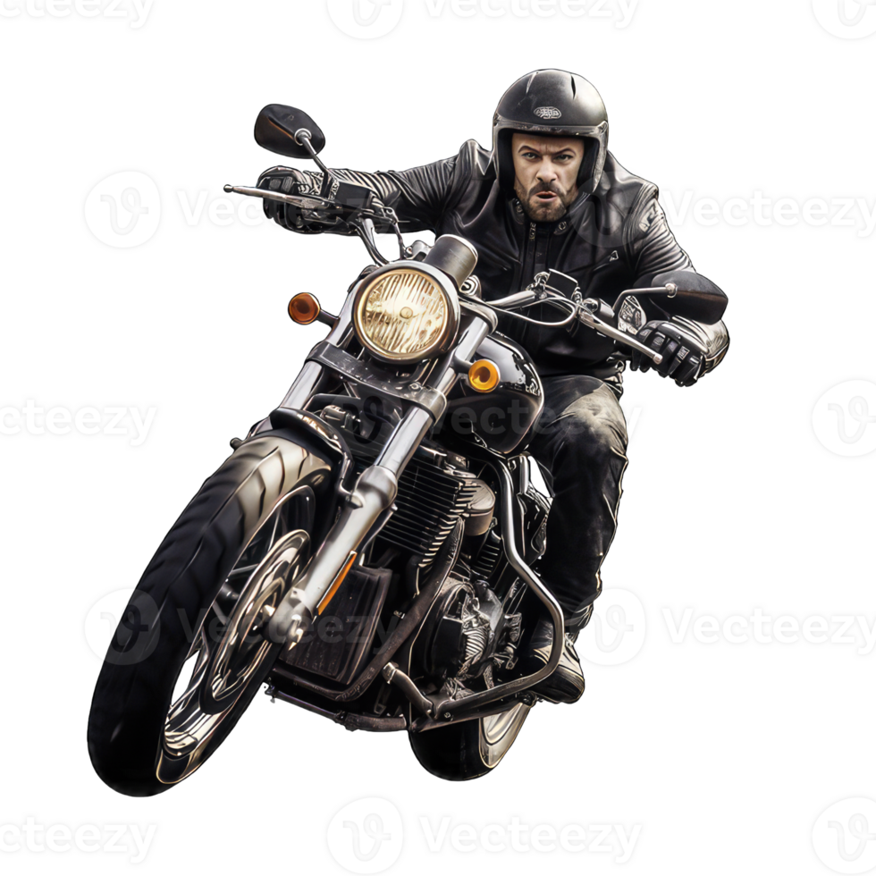 AI generated Man in leather jacket and helmet sitting on bike on transparent background png