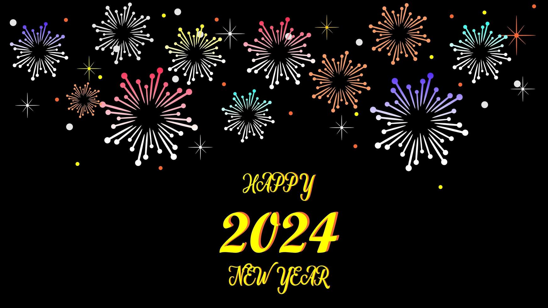 Happy New Year 2024 typography with fireworks design black background photo