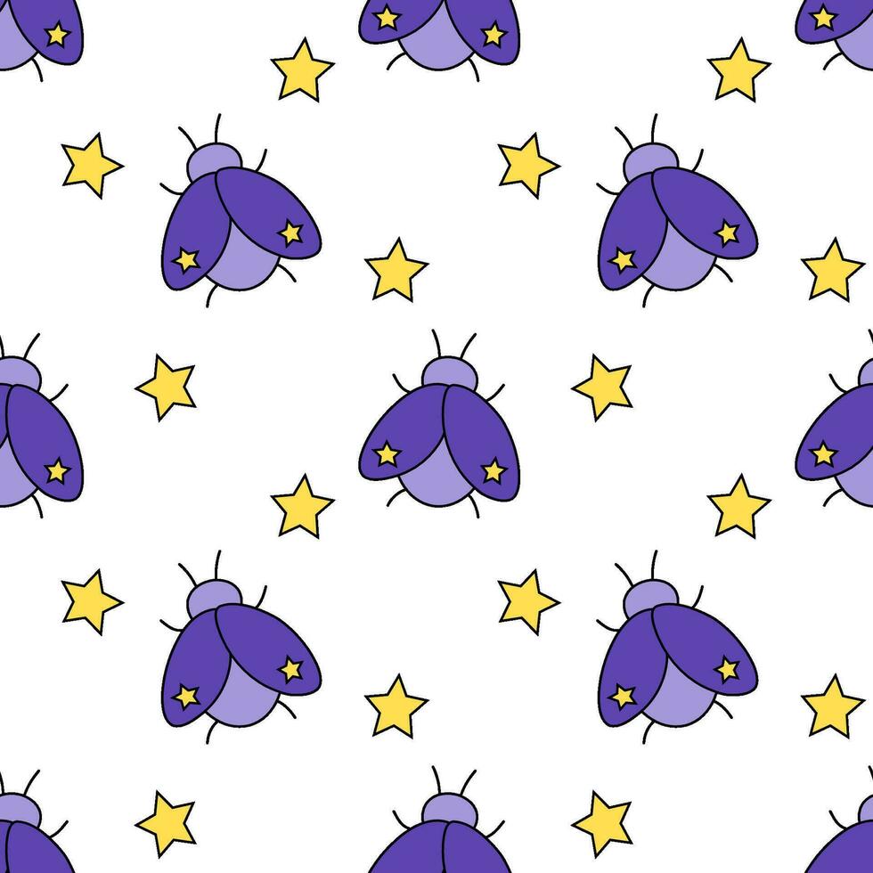 Seamless pattern with mystical bugs and stars. Celestial violet insects. Magic bohemian background. vector