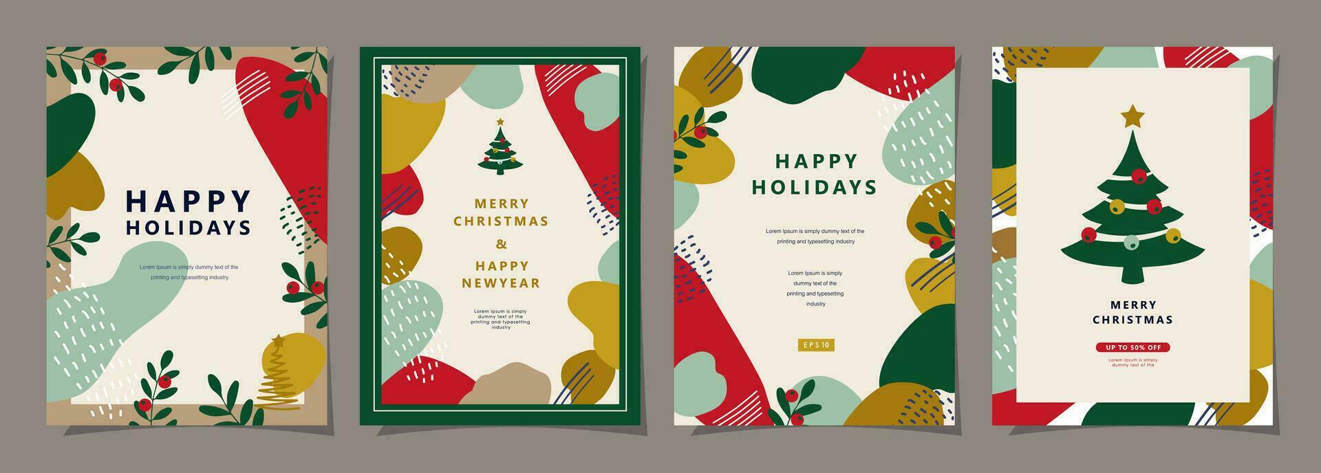 Set of Merry Christmas and Happy New Year background. Greeting and invitation card, web banner, holiday cover, flyer, poster design templates. Modern flat vector illustration.