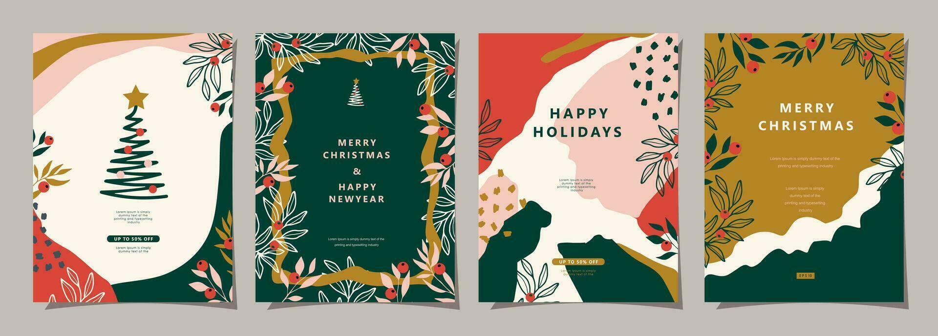 Set of Merry Christmas and Happy New Year background. Greeting and invitation card, web banner, holiday cover, flyer, poster design templates. Modern flat vector illustration.