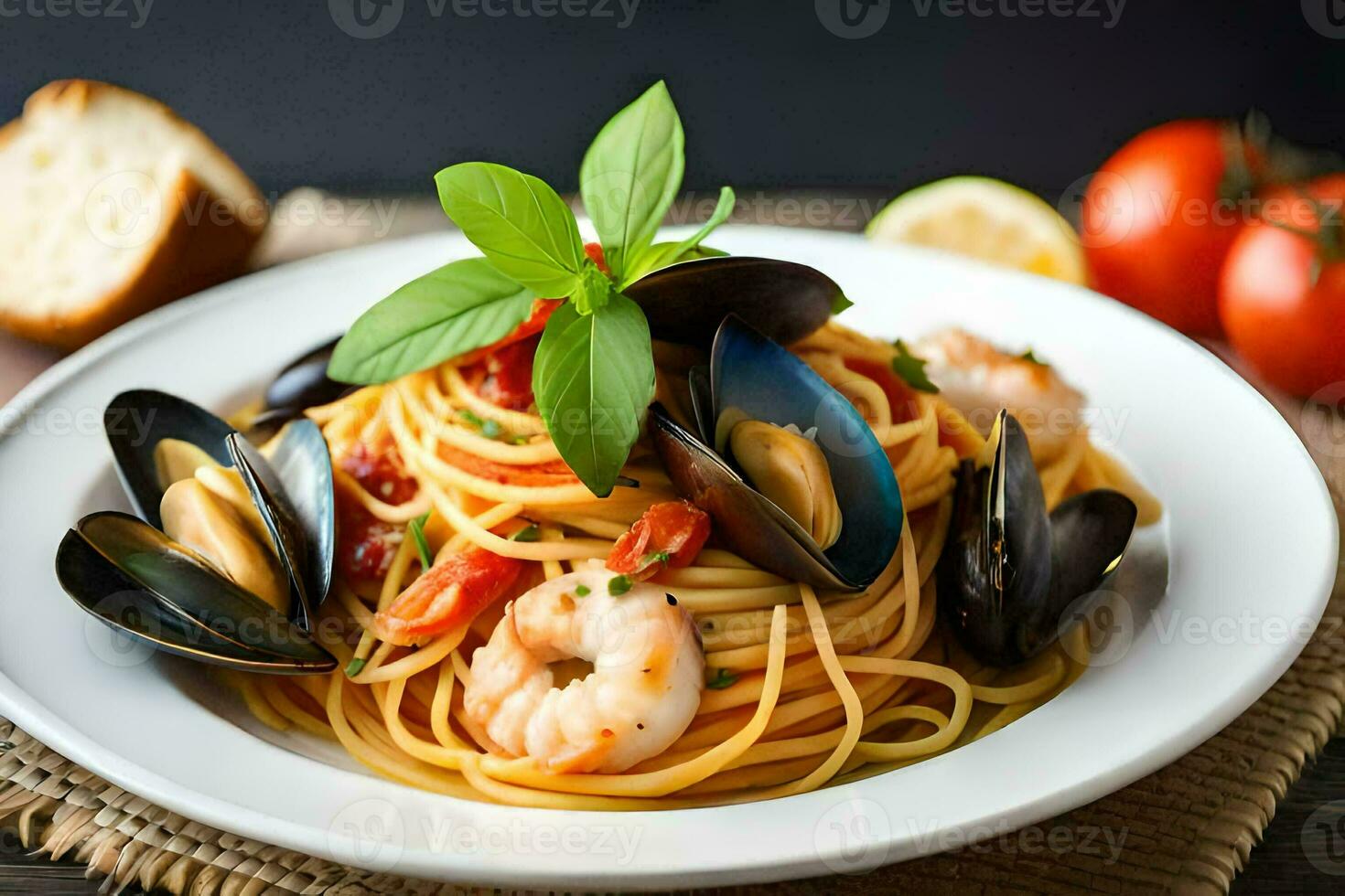 AI generated spaghetti with mussels and tomatoes. AI-Generated photo