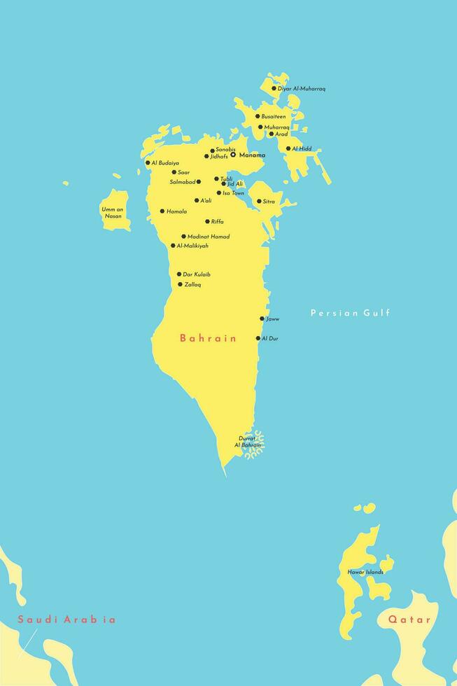 vector moderno ilustración. simplificado mapa de bahrein en azul persa Golfo. nombres de grande bahraini ciudades