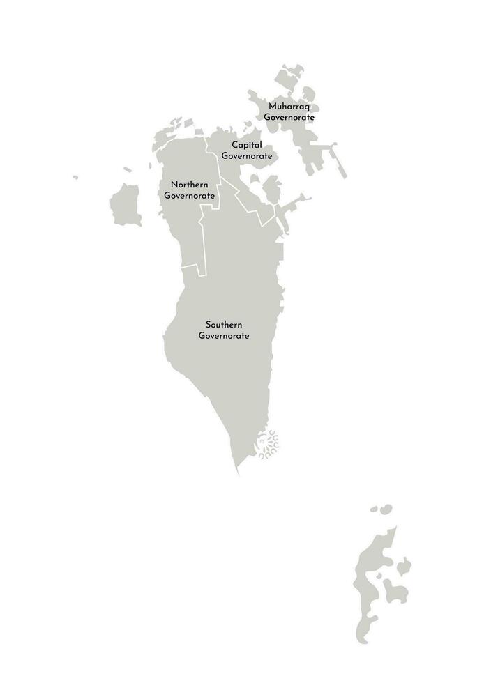 Vector isolated illustration of simplified administrative map of Bahrain. Borders and names of the governorates, regions. Grey silhouettes. White outline
