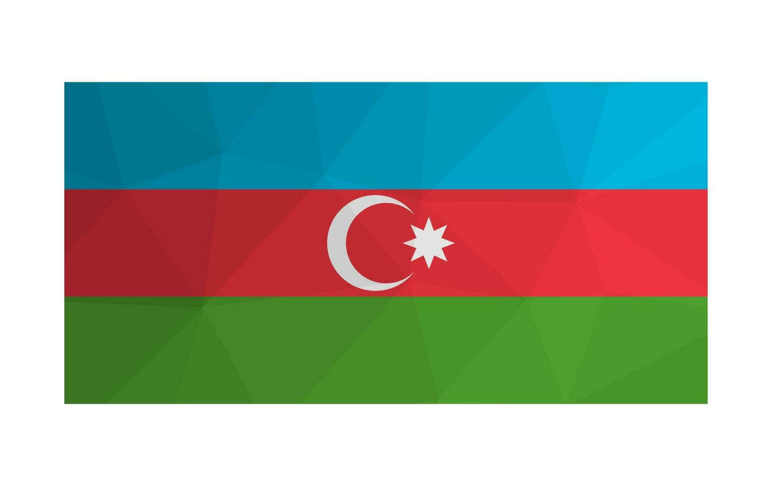 Vector illustration. National tricolour flag with band of blue, red, green and white crescent and eight pointed star. Official symbol of Azerbaijan. Design in low poly style with triangular shapes.