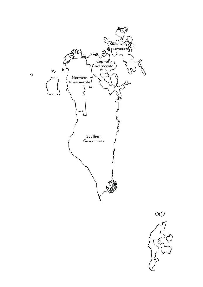 Vector isolated illustration of simplified administrative map of Bahrain. Borders and names of the governorates, regions. Black line silhouettes.