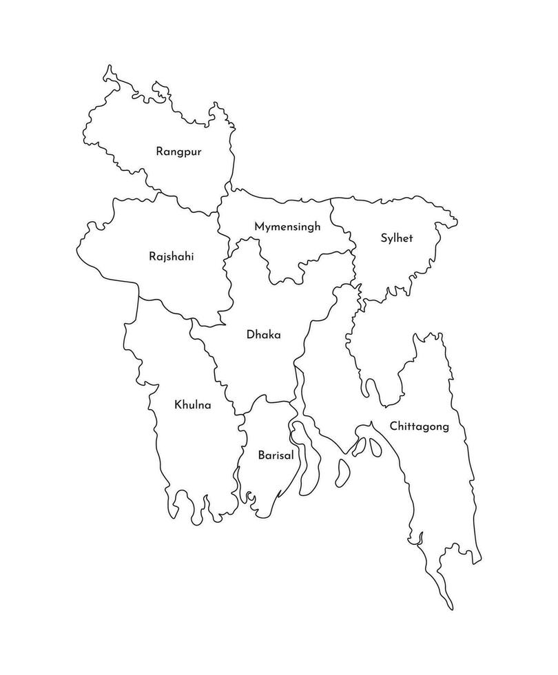 Vector isolated illustration of simplified administrative map of Bangladesh. Borders and names of the regions. Black line silhouettes.