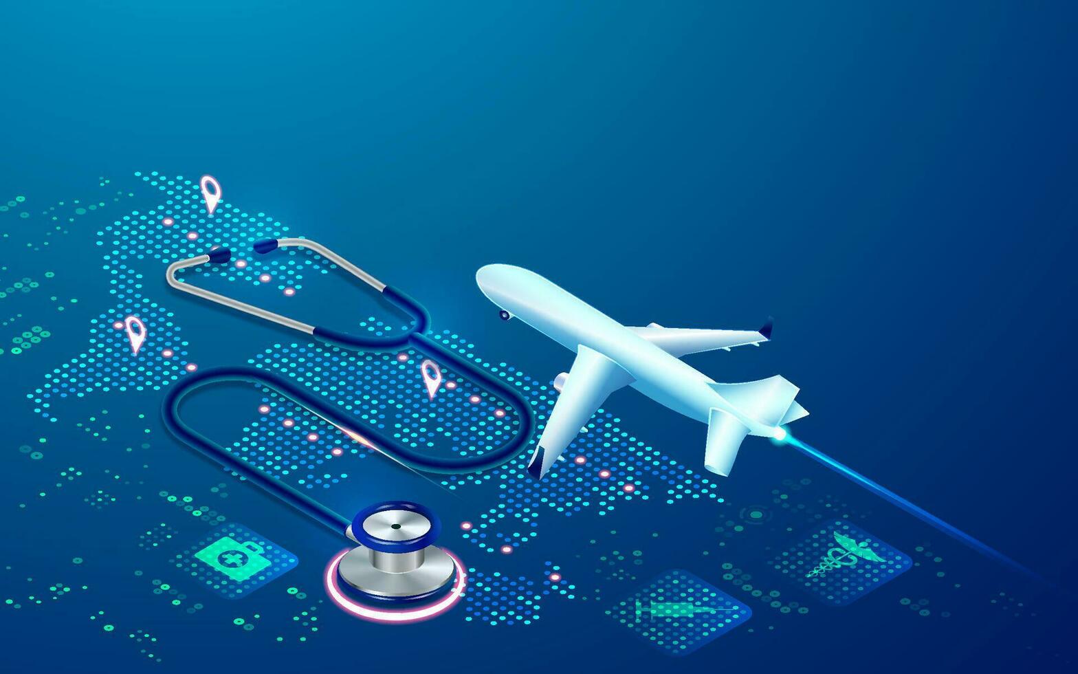 concept of medical tourism, graphic of airplane and stethoscope with medical elements presented in isometric vector