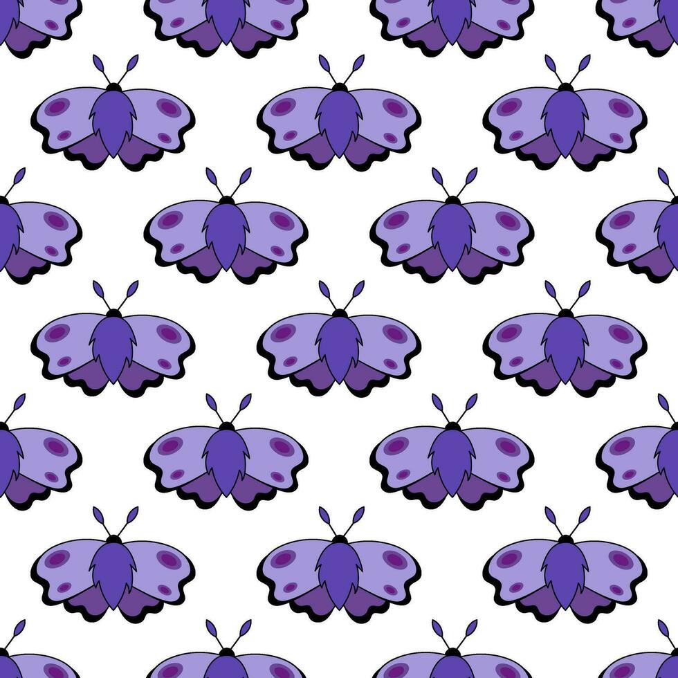 Seamless pattern with Purple Moth. Flying magic insect. Vector flat illustration for fabric, texture, wallpaper, poster, postcard.