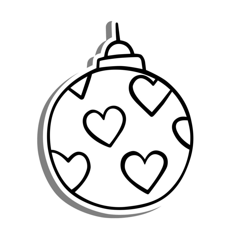 Hearts Christmas Bauble Outline on white silhouette and gray shadow. Hand drawn cartoon style. Vector illustration for decorate and any design.