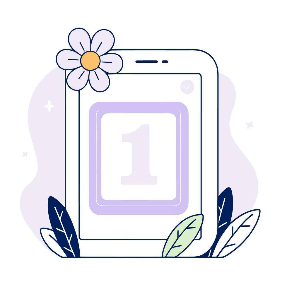 A stylized mobile phone in the form of a frame with a large number one and a floral ornament, flat vector illustration.