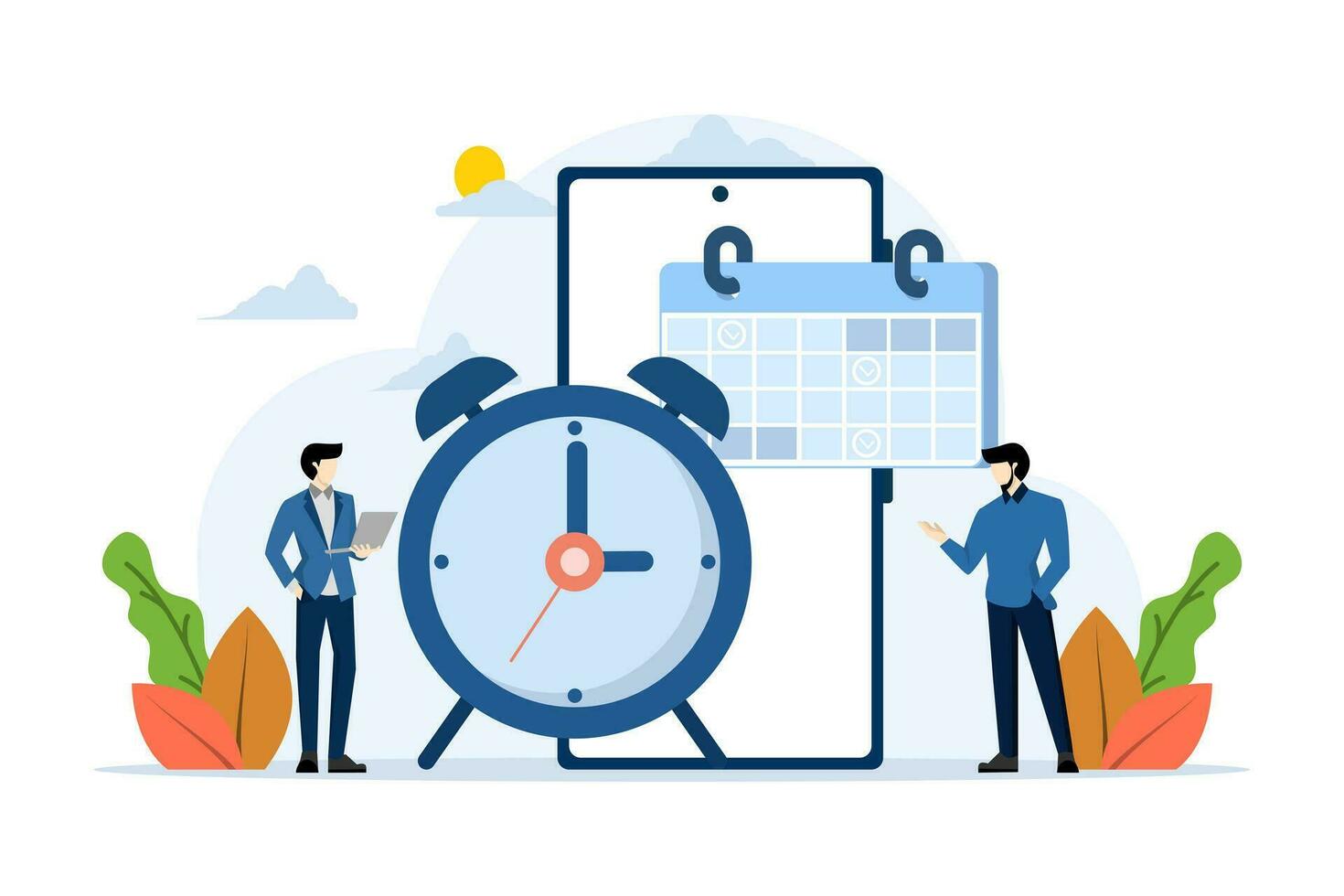 business time management concept, time organization efficiency. Project team work schedule. Good business processes. time control plan. deadline, planner, start, agenda, time, flat vector illustration