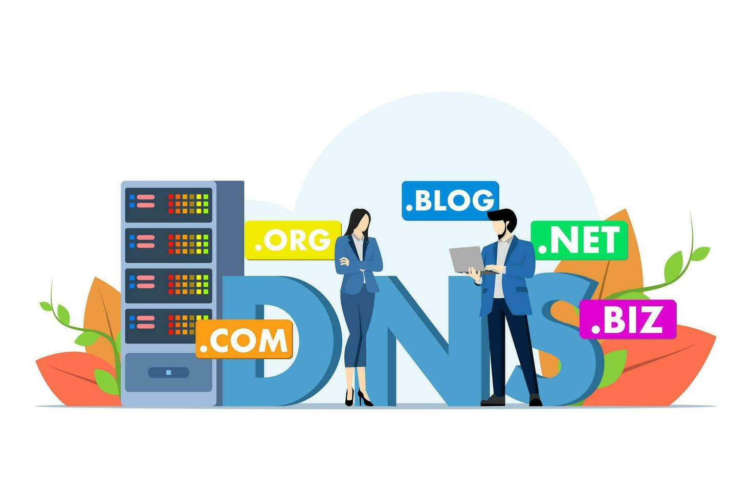 Domain name system concept, DNS, Website domain name, Internet or cyberspace, Domain registration web page, Choose, find, buy, register website domain name, flat vector illustration.