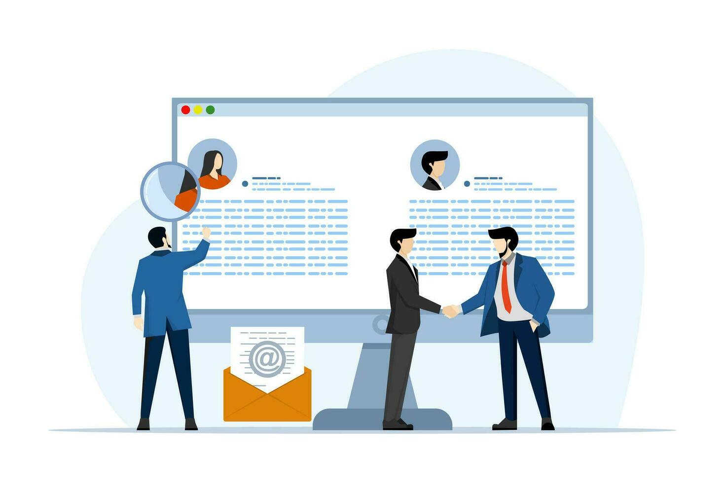 Concept of online recruitment, HR, human resource management, employment. People of Character Choose the Best Candidate for a Job. HR Manager Looking for New Employees. vector flat illustration.