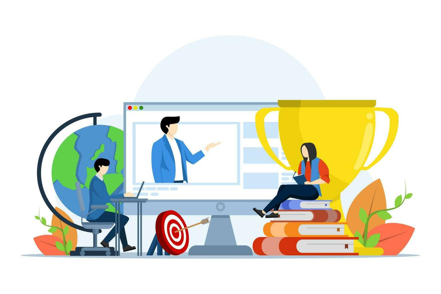 the concept of online education, distance education, seminars and webinars, online classes on the monitor screen, the concept of online courses and tutorials, e-learning. flat vector illustration.