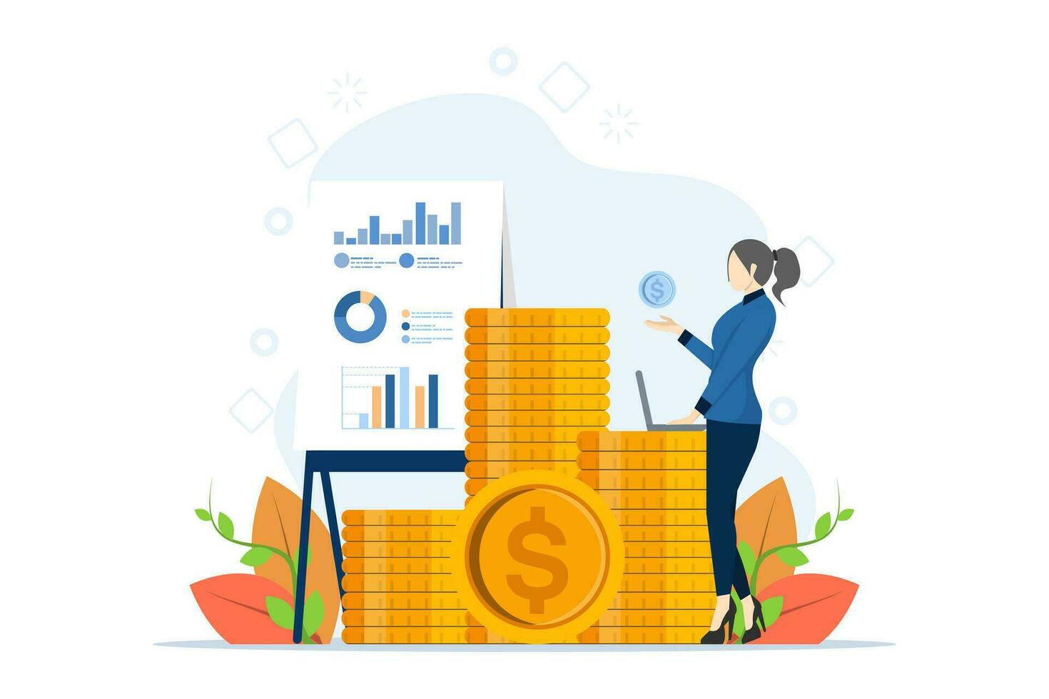 Concept of business profit, income business, startup, money, growth, developing your business, setting goals for financial success, investment growth, flat vector illustration banner.