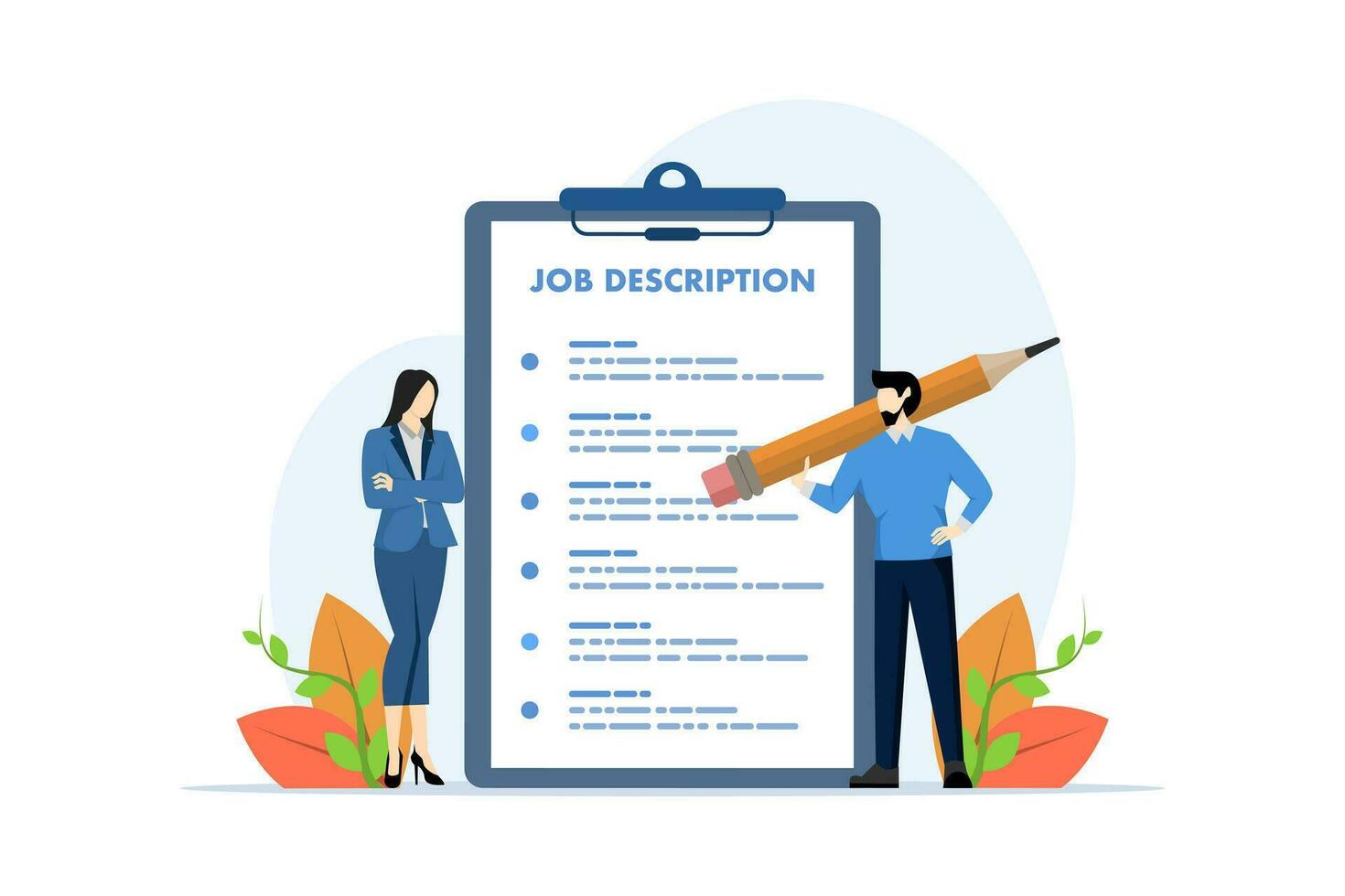 Job description concept, job position qualifications and requirements, job scope, job duties and responsibilities, businessman writing job description document. flat vector illustration.