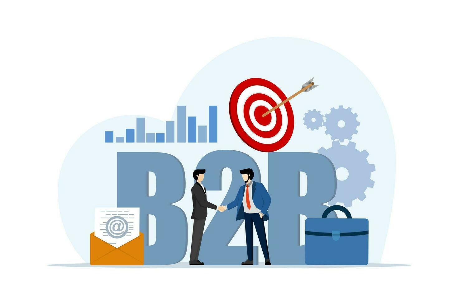 conceptual b2b en negocio, negocio a negocio en línea, exitoso negocio colaboración, empresario firma acuerdo, márketing estrategia, comercio, plano vector ilustración en blanco antecedentes.