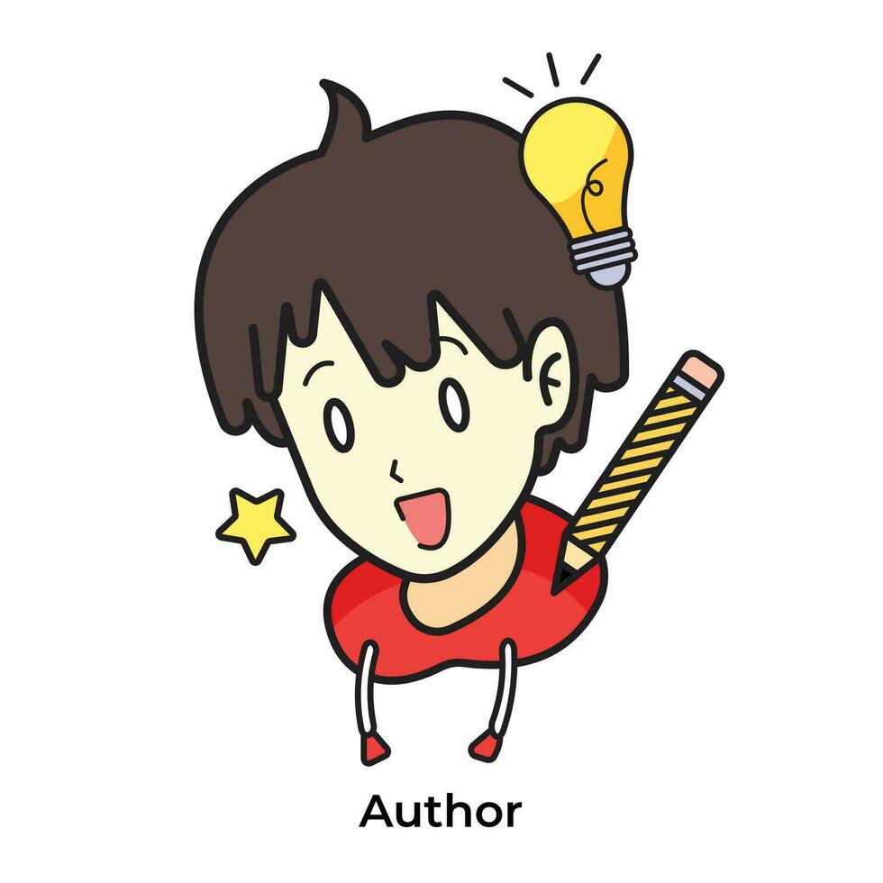 Young author or comic creator with red jacket full colored vector icon illustration with black outline isolated on square white background. Simple flat minimalist cartoon art styled drawing.